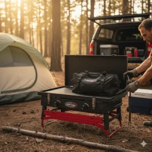 The Camp Chef Tundra 3 burner stove with griddle fully packed and ready for transport or storage.