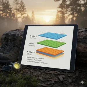 Diagram explaining the R-value rating, demonstrating how it measures the insulation of different camp mattresses for cold weather.