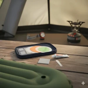 The essential contents of a camp mattress puncture repair kit, including patches and adhesive, for on-the-go maintenance.