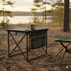 Close-up of a portable camp side table featuring built-in cup holders and storage pockets.