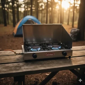 The durable windshields protecting the flames of the two burner camp stove from gusts.