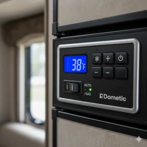 Photo showing the manual or electronic temperature controls and mode selection switch (Auto/Gas) on a typical camper fridge.