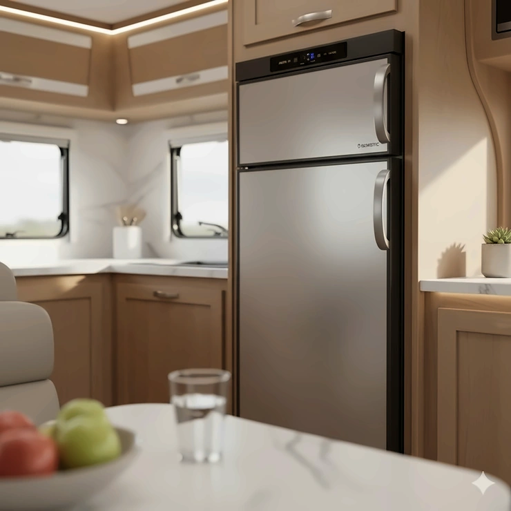 A clear shot of the Dometic or Norcold style camper 3 way refrigerator installed in an RV kitchen, showing the controls and door handle.