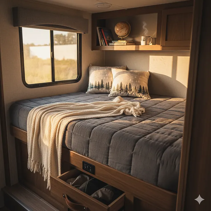 Comfortable camper bunk mattress in a recreational vehicle, designed for a good night's sleep on the road.