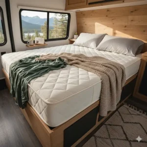 Soft, durable camper foam mattress displayed in a recreational vehicle, ready for a comfortable night's sleep.