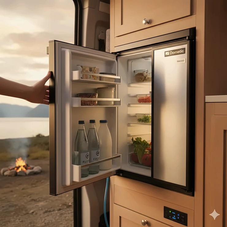Efficient Dometic camper refrigerator running on both gas and electric power, essential for off-grid RV camping. camper refrigerator gas and electric