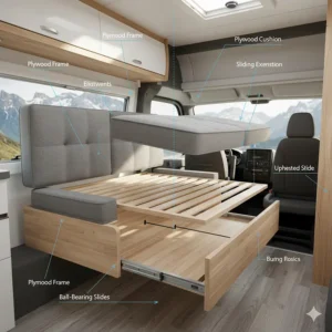 An exploded view or diagram of a camper's lightweight plywood sliding pull-out sofa bed mechanism, illustrating how it transitions from couch to bed.