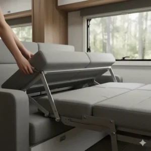 A close-up view of a camper sofa bed mechanism mid-conversion, highlighting its easy-to-use convertible design.