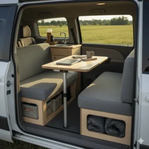Close-up shot of the high-quality locking mechanism and durable wood finish used for the camper table bed system.