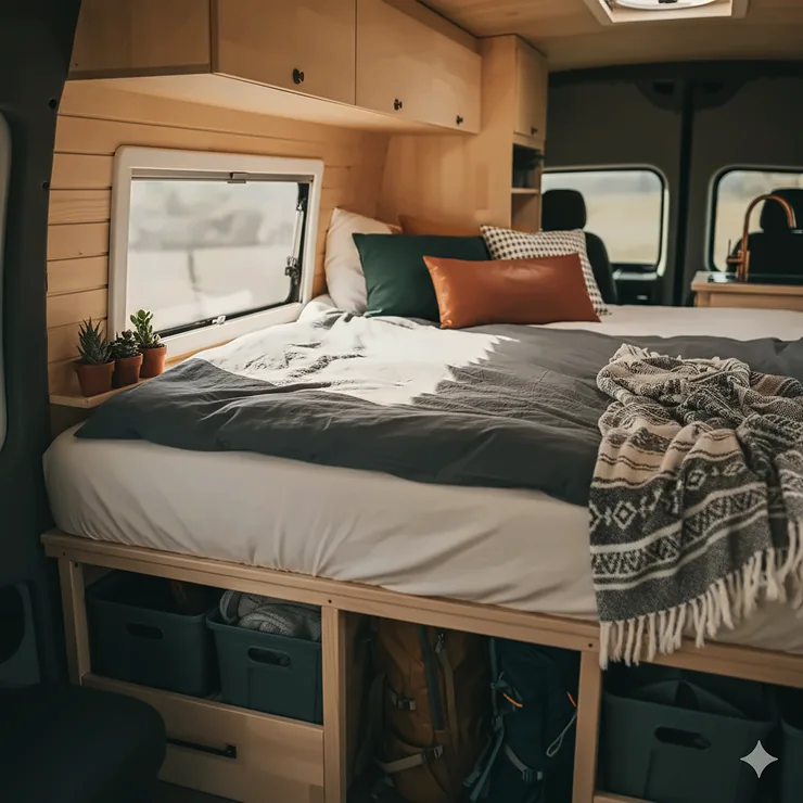 Convertible camper table bed fully assembled for use as a sleeping area inside a van conversion.