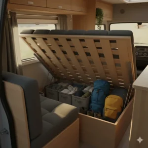 Comfortable, upholstered bench seats surrounding the camper table, used for dining and supporting the mattress.