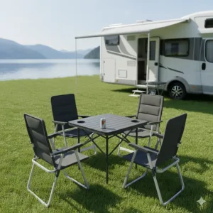 Square-shaped camper table and chairs set featuring built-in cup holders for drinks and accessories.