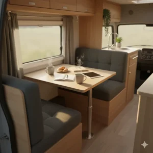 A close-up view of the camper table configuration, perfect for dining or working in the RV.