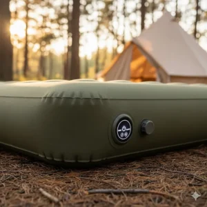 Detail shot highlighting the convenience of a camping air bed with an integrated built-in pump for fast inflation and deflation.