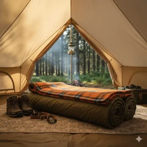 Cozy interior of a tent showing an open camping bed roll ready for sleep.