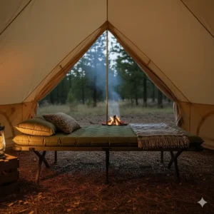 A durable camping cot topped with a supportive camp mattress to keep the sleeper off the cold, hard ground.