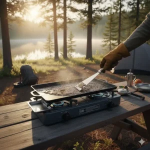 A camper cleaning a hot camp stove griddle with a scraper and oil after a full meal.
