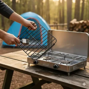 Easy cleaning process for the removable cooking grate on the portable 2-burner stove.