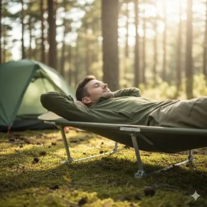 Close-up shot of a camper relaxing on the lightweight camping cot, highlighting the durable fabric and ergonomic support.
