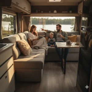 Interior shot of a camper showing a family relaxing comfortably on the main couch, emphasizing its plush cushions and cozy feel.