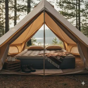 A large, comfortable double air mattress ready for two people inside a family tent, one of the best camping beds for couples.