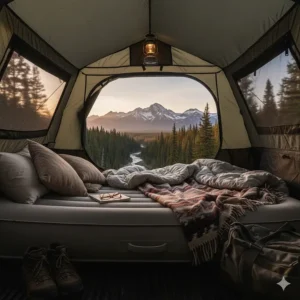 An interior shot of a truck bed camping setup showing a comfortable air mattress and bedding for a cozy night.