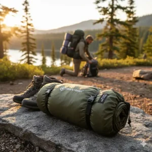 2 person camp pad rolled up in its stuff sack, illustrating the compact, portable size for backpacking.