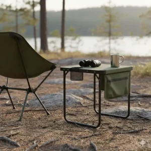 A small, compact side table for a camp chair, illustrating its lightweight and portable design.