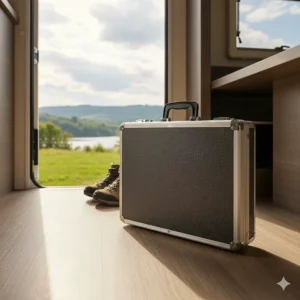 A compact, foldable picnic set that transforms into an easy-to-carry briefcase, ideal for camper table and chairs storage.