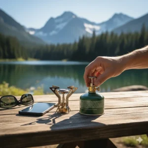 A side-by-side comparison illustrating the extremely compact size of a small propane single burner.