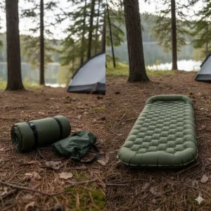 Comparison showing a lightweight, compact sleeping pad deflated and rolled next to it fully unrolled, perfect for backpacking.
