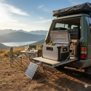 A powerful compressor camping refrigerator set up on a sturdy slide-out tray next to a 4x4 vehicle at a scenic campsite.