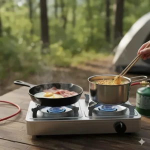 Close-up of food being cooked simultaneously on a portable 2 burner camp stove.