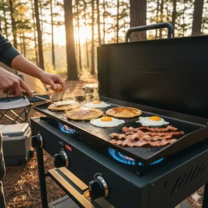 Family cooking multiple items simultaneously on the 3 burner Camp Chef griddle at the campsite.