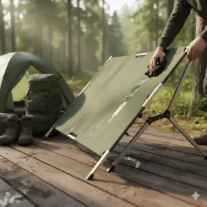Image of a user easily wiping down the water-resistant fabric of the lightweight camping cot after a rainy trip.