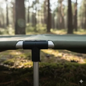 Detail image of the aircraft-grade aluminum or carbon fiber frame materials that make this a truly lightweight camping cot.