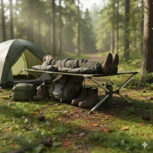 An illustration of the lightweight camping cot fitting perfectly inside a two-person backpacking tent, maximizing floor space.
