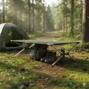 View showing the raised height of the portable cot, allowing for convenient under-cot storage of camping gear and backpacks.