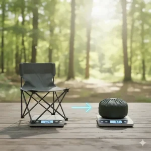 Graphic illustrating the significantly lightweight design of the backpacking cot, showing it weighs less than a standard camping chair.