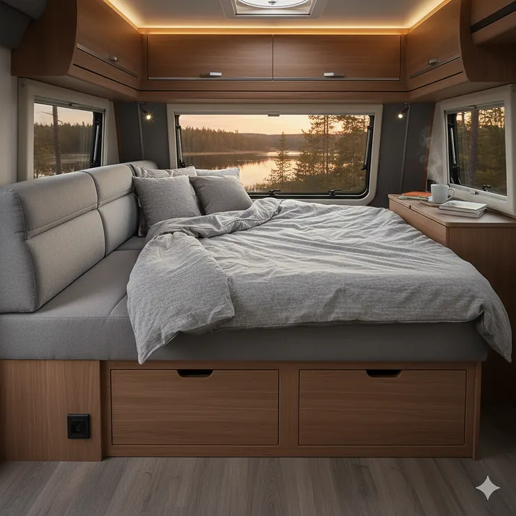 Featured image of a modern, multi-functional couch for a camper van, shown fully extended as a comfortable bed.