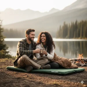 Happy couple relaxing together on the spacious 2 person camp pad at a scenic campsite.