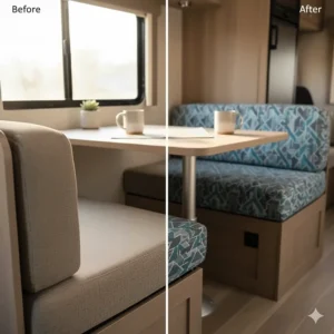 Before and after comparison of an old, faded dinette seat and new custom fit RV dinette cushion covers.