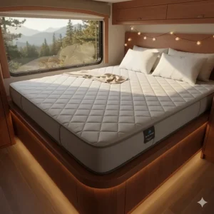 A custom-cut RV mattress perfectly fitting an unusual or rounded corner of a motorhome bed platform.