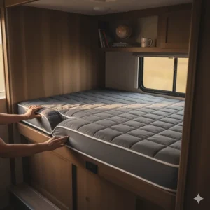 Custom-size camper bunk mattress perfectly fitted into a unique RV or trailer bunk area.