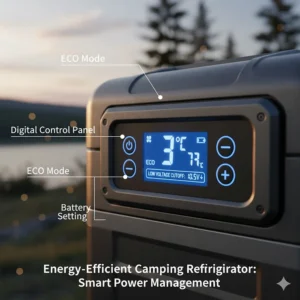 Close-up on the digital control panel and display of an energy-efficient camping refrigerator, showing low-voltage cutoff settings.