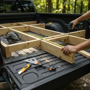A close-up of a DIY truck bed camping platform under construction, showing wooden supports and measurements.