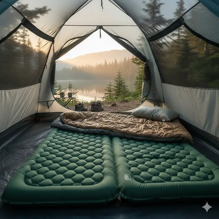 2 person camp pad inflated inside a camping tent, showing ample space for two adults to sleep comfortably.