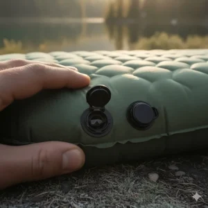 Detailed shot of the dual valves on the 2 person camp pad, designed for fast and easy inflation and deflation.