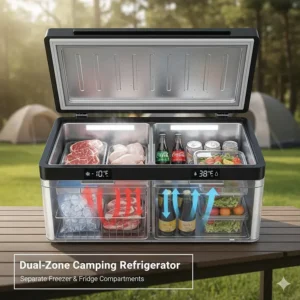 An open dual-zone camping refrigerator interior showing separate compartments for freezing meat and chilling beverages.