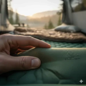 Close view of the durable, ripstop fabric of the 2 person camp pad, highlighting its tough construction.